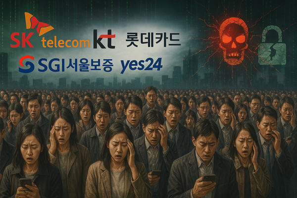 SK텔레콤, KT, 롯데카드, SGI서울보증, 예스24 등 국내 주요 기업들에서 대규모 해킹 사고가 발생하면서 고객들이 불안감에 떨고 있는 가상의 이미지. 