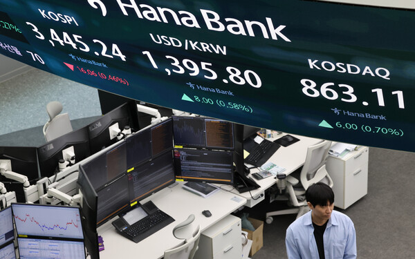 19일 오후 서울 중구 하나은행 본점 딜링룸 현황판에 코스피가 표시돼 있다. 이날 코스피는 전장보다 16.06포인트(0.46%) 내린 3,445.24에 거래를 마감했다. [사진=연합뉴스]