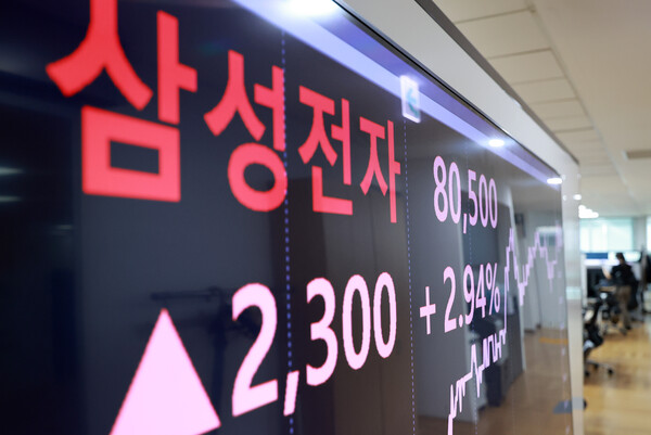 서울 종로구 연합인포맥스 모니터에 비친 삼성전자 주가 [사진=연합뉴스]