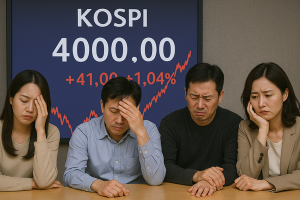 지난달 30일 기준으로 NH투자증권에 국내 주식 잔고를 보유한 고객 240만명의 계좌를 분석한 자료를 보면 수익이 발생한 투자자 비율보다 손실이 발생한 비율이 더 높은 것으로 집계됐다. 코스피 지수 상승에도 수익률을 걱정하는 개인 투자자들에 대한 가상의 이미지. [사진=DALL·E]